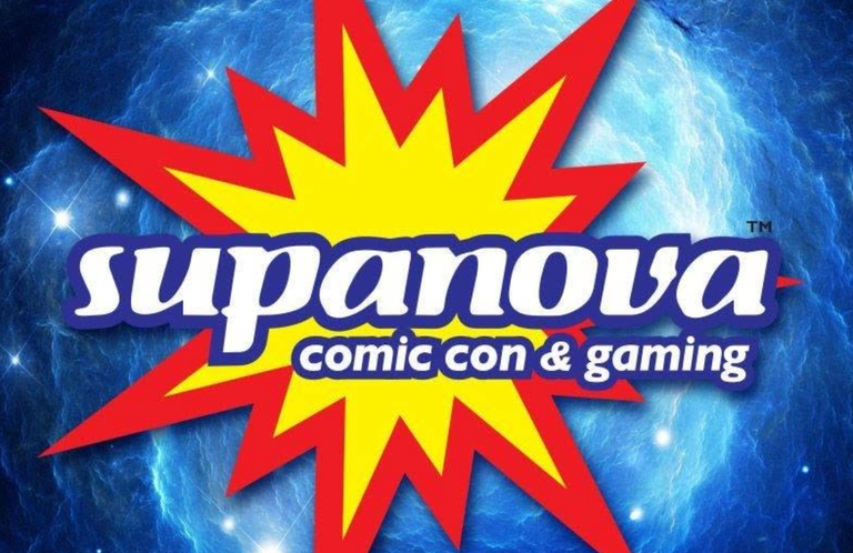 Official Supanova Comic Con & Gaming logo featuring white text over a red and yellow comic book starburst on a blue cosmic backdrop.